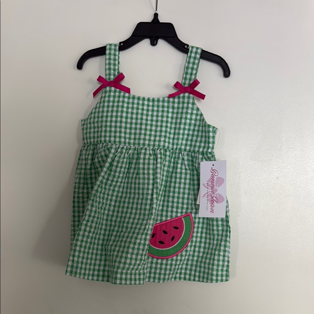 Bonnie Jean Green Gingham Dress with Pink Bows